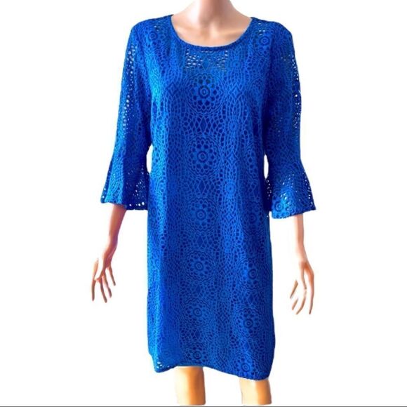 Leslie Fay Lace Crochet Pattern Bell Sleeves Dress SIZE 14 - Picture 1 of 11